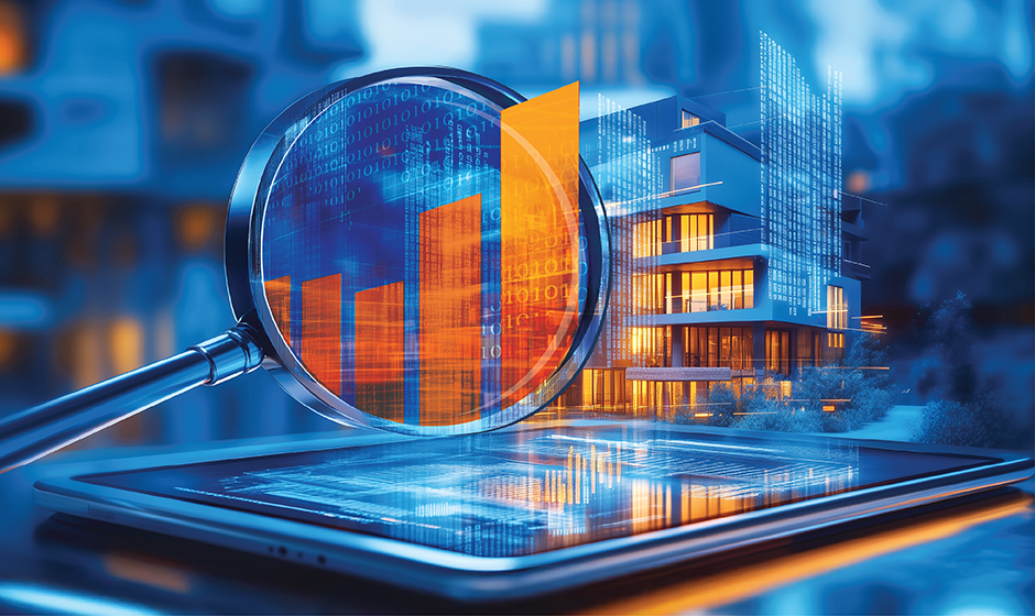 A magnifying glass analyzing digital bar charts over a tablet screen, symbolizing AI-driven risk intelligence. In the background, a modern rental housing complex is illuminated, with data streams and digital elements representing predictive analytics and real-time monitoring in property management.