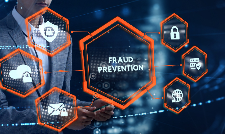 Graphic depicting fraud prevention with hexagonal icons for security, data protection, cloud storage, and analytics, symbolizing comprehensive fraud detection solutions in real estate