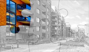 Partially completed puzzle overlay on a multifamily property, symbolizing the beginning of a tech-enabled transformation in risk management