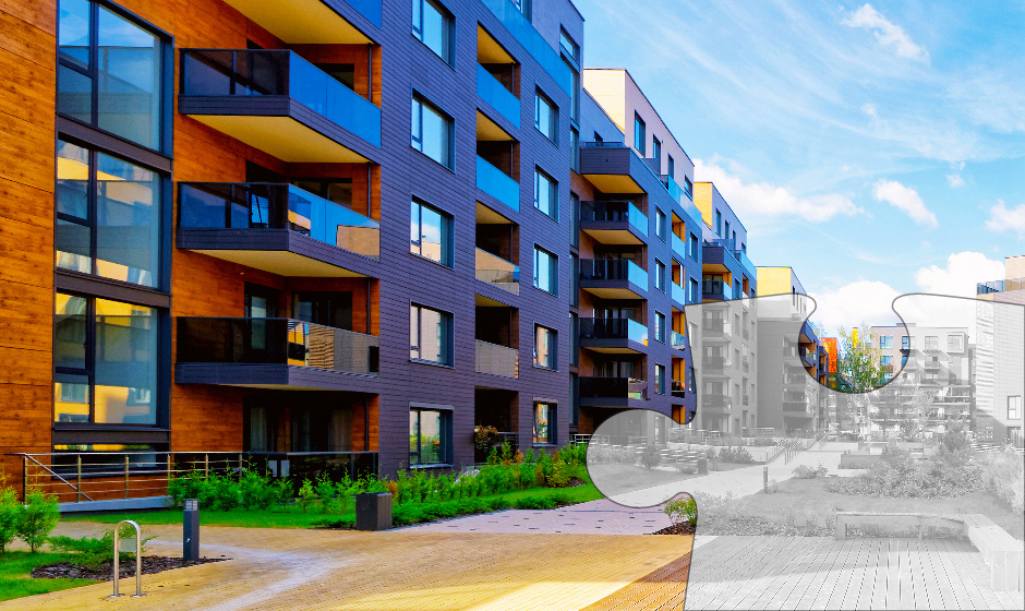 A partially completed puzzle overlaying rental housing or a modern multifamily building, symbolizing the process of overcoming challenges in implementing a Risk Transformation Platform.