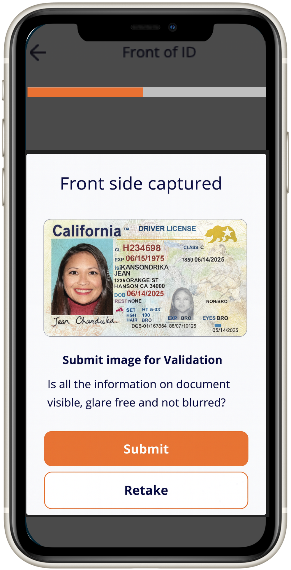 Mobile ID verification interface showing document capture with front side captured confirmation and submit/retake buttons