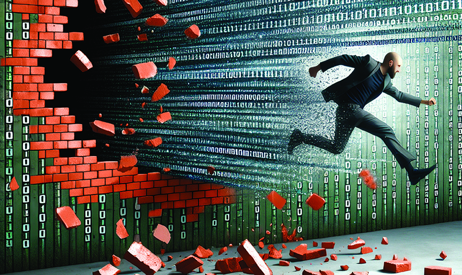 A businessman breaks through a digital wall of binary code and bricks, symbolizing innovation, overcoming barriers, and transformative technological breakthroughs.